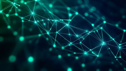 Poster - Abstract network of glowing green digital nodes and connections on a dark background, representing technology, communication, and data transfer.