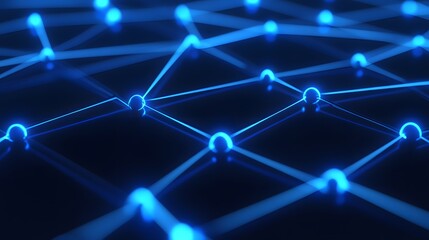 Wall Mural - Close-up of a glowing blue digital network, representing connections in technology and communication on a dark background.