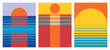 © alaver - Set of 3 posters design in trendy 1970s retro line style. The sea sunset poster. Modern art poster retro vintage style 70s stripes background template lines shapes vector design