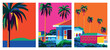 © alaver - Set of travel posters. 3 beautiful caribbean landscapes with bungalows, palms and the sea in the background. Handmade drawing vector illustration. Caribbean style poster.