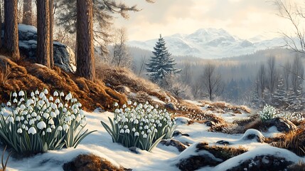 Poster - Snowdrops Blooming in a Snowy Forest Landscape