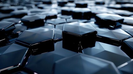 Poster - Abstract black hexagonal pattern with glossy surface, creating a modern and futuristic texture ideal for design backgrounds.