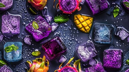 Poster - A close-up of colorful dragon fruit and mango ice cubes