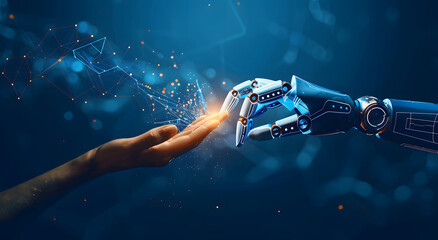 Poster - Machine learning, Hands of robots and humans touching on big data network connection background, Science and artificial intelligence technology, innovation, and futuristic design