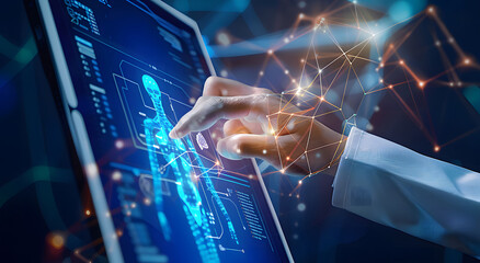 Poster - Machine learning, Hands of robots and humans touching on big data network connection background, Science and artificial intelligence technology, innovation, and futuristic design