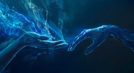 Poster - Machine learning, Hands of robots and humans touching on big data network connection background, Science and artificial intelligence technology, innovation, and futuristic design