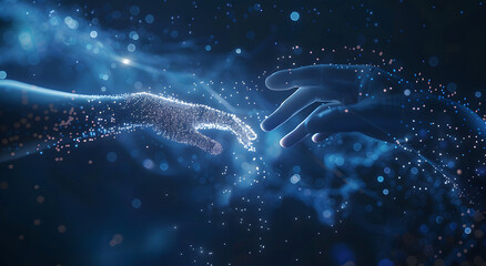 Poster - Machine learning, Hands of robots and humans touching on big data network connection background, Science and artificial intelligence technology, innovation, and futuristic design