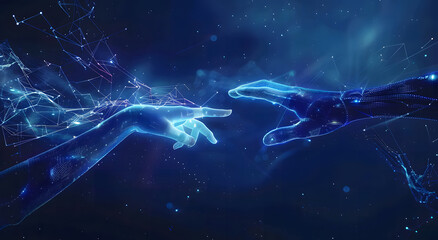 Poster - Machine learning, Hands of robots and humans touching on big data network connection background, Science and artificial intelligence technology, innovation, and futuristic design