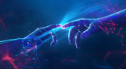 Poster - Machine learning, Hands of robots and humans touching on big data network connection background, Science and artificial intelligence technology, innovation, and futuristic design