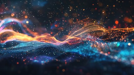 Poster - Abstract wave pattern with vibrant colors and glowing particles, creating a mesmerizing visual effect for digital backgrounds.