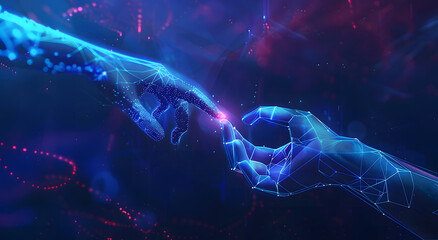 Poster - Machine learning, Hands of robots and humans touching on big data network connection background, Science and artificial intelligence technology, innovation, and futuristic design