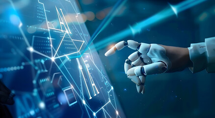 Poster - Machine learning, Hands of robots and humans touching on big data network connection background, Science and artificial intelligence technology, innovation, and futuristic design