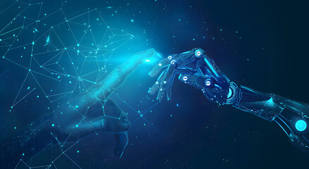 Poster - Machine learning, Hands of robots and humans touching on big data network connection background, Science and artificial intelligence technology, innovation, and futuristic design