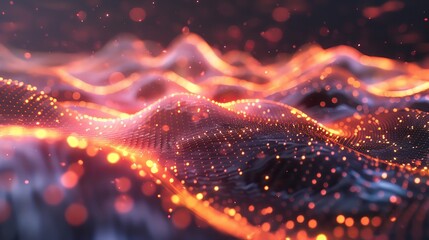 Poster - Vivid abstract surface with glowing particles, creating a mesmerizing wave effect in a dark setting. Perfect for tech and digital themes.