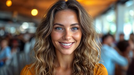 Wall Mural -  Woman with wavy blonde hair, smiling, with blue eyes, wearing a yellow top. Portrait