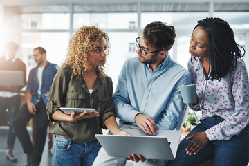 Poster - Business people, talking and laptop for project in office, team helping and advice or support. Staff, public relations agency and review discussion on press release, report and publicity coverage