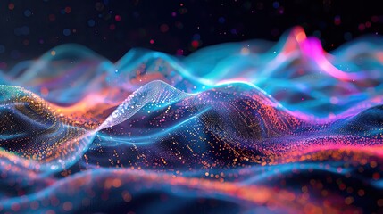 Poster - A colorful abstract visualization of waves with vibrant colors and glowing particles, creating a mesmerizing and dynamic effect.