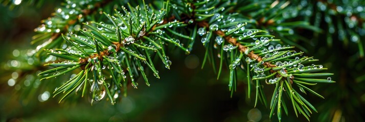 Sticker - After the Rain Lush Green Pine Bough with Sparkling Raindrops