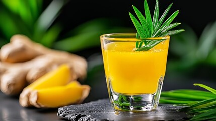 Vibrant ginger shot with fresh ingredients, showcasing health and wellness. Perfect for energizing drinks and tropical themes.