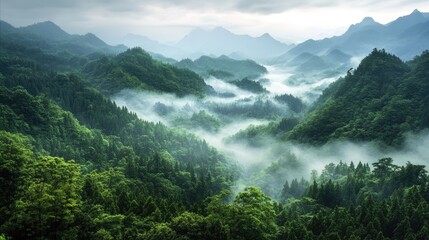 Canvas Print - Sweeping panoramic view of a green Asian landscape with misty forests and mountains, evoking a sense of tranquility.