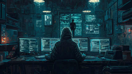 A young programmer sitting at a computer with several monitors, working on the development of new technologies.