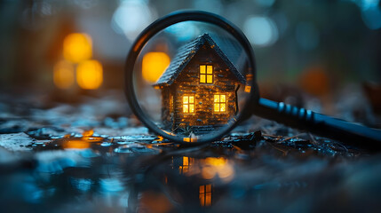 Canvas Print - A small house with lit windows seen through a magnifying glass lying on wet leaves.