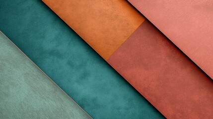 Poster - Abstract background with overlapping sheets of paper in green, orange and red, forming geometric shapes and creating a modern and minimalist design