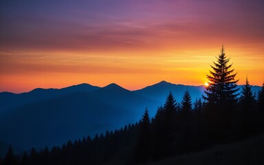 Poster - Silhouette of trees and mountains at sunset