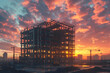 © Siasart Studio - A towering building under construction at sunset, bathed in golden light.