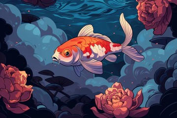 Wall Mural -  A goldfish swimming in a dark blue pond, adorned with water lilies and peonies