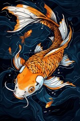 Wall Mural -  An orange-and-white koi fish swims in a clear body of water, with bubbles rising from its bottom