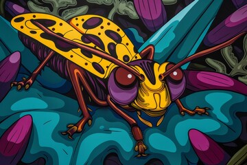 Wall Mural -  A tight shot of a yellow and black insect against a backdrop of blue and purple foliage, dotted with leaves and blossoms