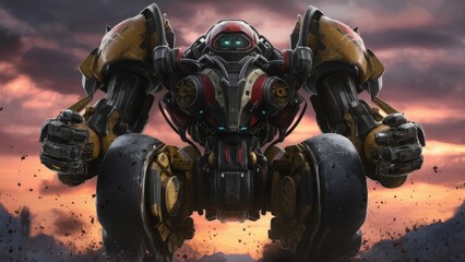 Poster - imposing mech enforcer in upright position striking bottom closeup perspective 3d illustration