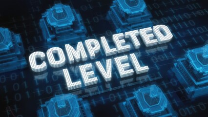 Poster - Completed Level Text with Looping Binary Code Over 3D Structures on Dark Background  Digital Hologram Illustration for Gaming Arcade Architecture and Technology Themes