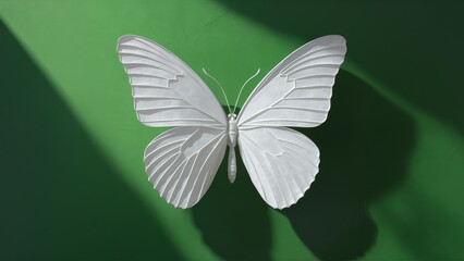 Poster - Realistic white butterfly illustration with shadow on green background 3D design