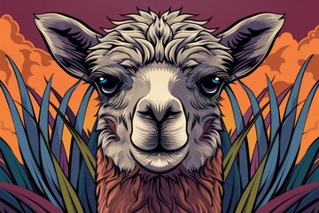 Wall Mural -  A tight shot of a llama's expressive blue eyes against an orange backdrop of sunset clouds