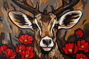 Wall Mural -  A painting of a deer with antlers and red flowers before a black backdrop