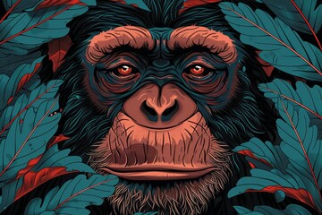 Canvas Print -  A monkey's face in tight focus against a backdrop of leafy greens, with red and blue leaves surrounding it, on a black background