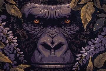 Poster -  A gorilla's face, framed closely by leaves and berries, set against a black backdrop Overlaid, a blue sky