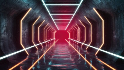 Poster - Futuristic Cyber Stage with Neon Laser Lights in a Grunge Concrete Tunnel Corridor  Vibrant 3D Rendering Background