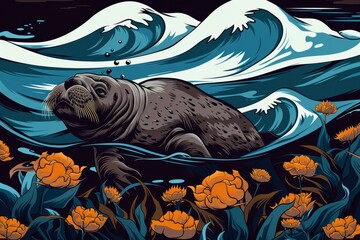 Poster -  A sea lion floats in a body of water, orange flowers populate the foreground, while a wave crests behind