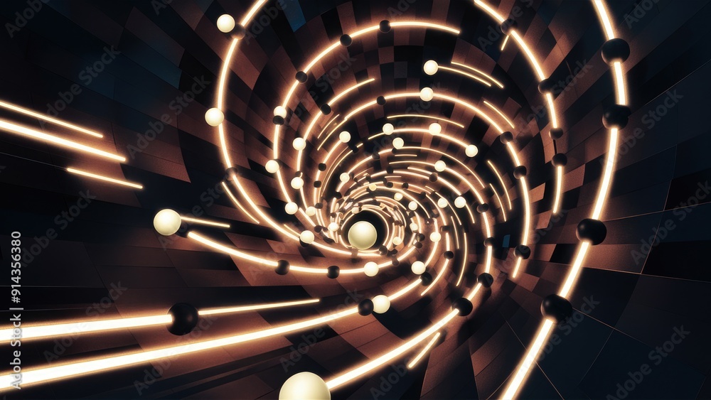 Illuminated spheres travel along curved pathways creating dynamic light ...