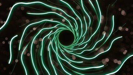 Poster - 3D Render of Dynamic Abstract Vortex with Wavy Green Neon Lines Against a Black Background Featuring Soft Bokeh Effects