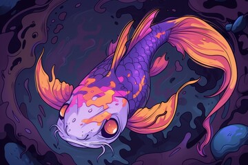 Sticker -  A goldfish swims in a pool of water, surrounded by bubbles at its bottom