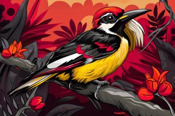 Poster -  A vibrant bird perched on a tree branch against a backdrop of red and yellow flowers, the scene further enhanced by a matching red and yellow background