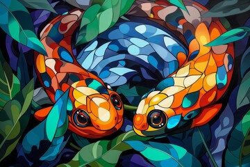  Two koi fish swim in a vibrant pond filled with shimmering water Surrounding them are lush green leaves, and the scene is further enlivened with pops