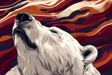 Poster -  A polar bear's face, closely framed, against vibrant red, orange, and white waves backdrop