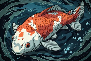  A red and white koi fish swim in a clear body of water, with bubbles rising from the bottom