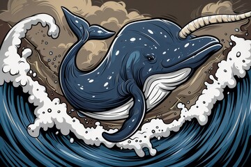 Sticker -  A blue whale emerges from the water, surrounded by foamy waves, its head and body visible above the surface