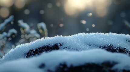 Sticker -  A close-up of a snow-covered plant in the foreground Sunlight filters through the trees in the background